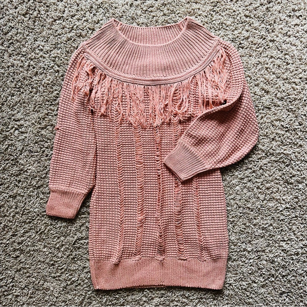 VENUS Off the Shoulder Pink Fringe Sweater Dress Medium M Boho Bohemian